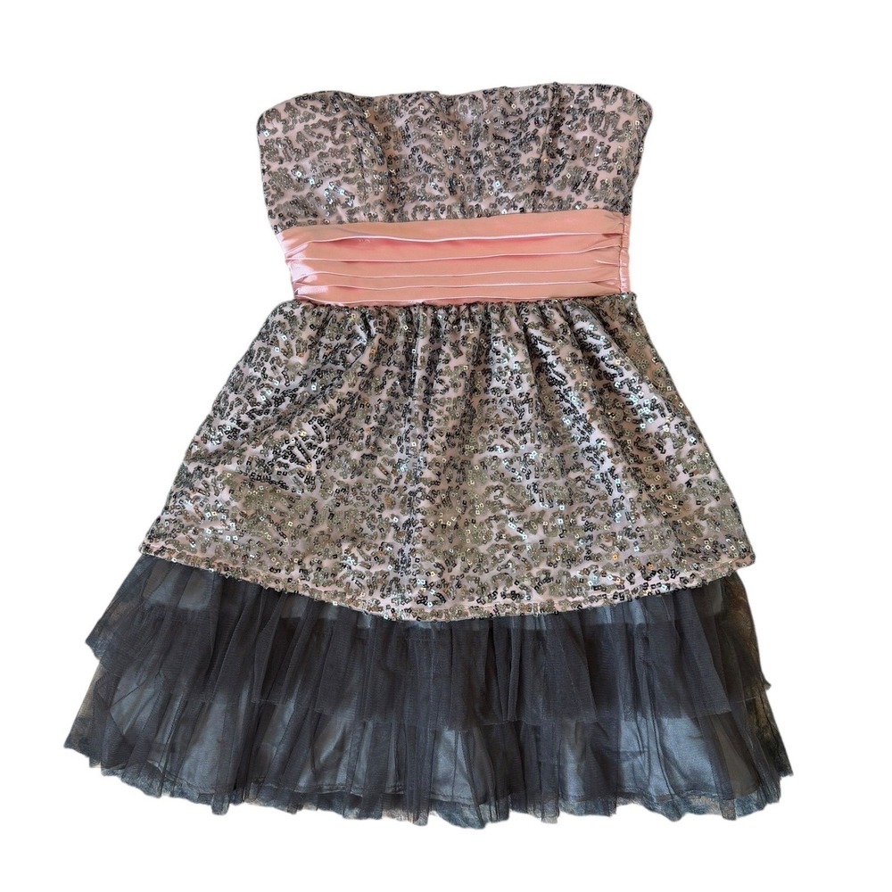 Deb Women Silver Sequin Strapless Party Dress Pink Sash Tulle Hem Size 5